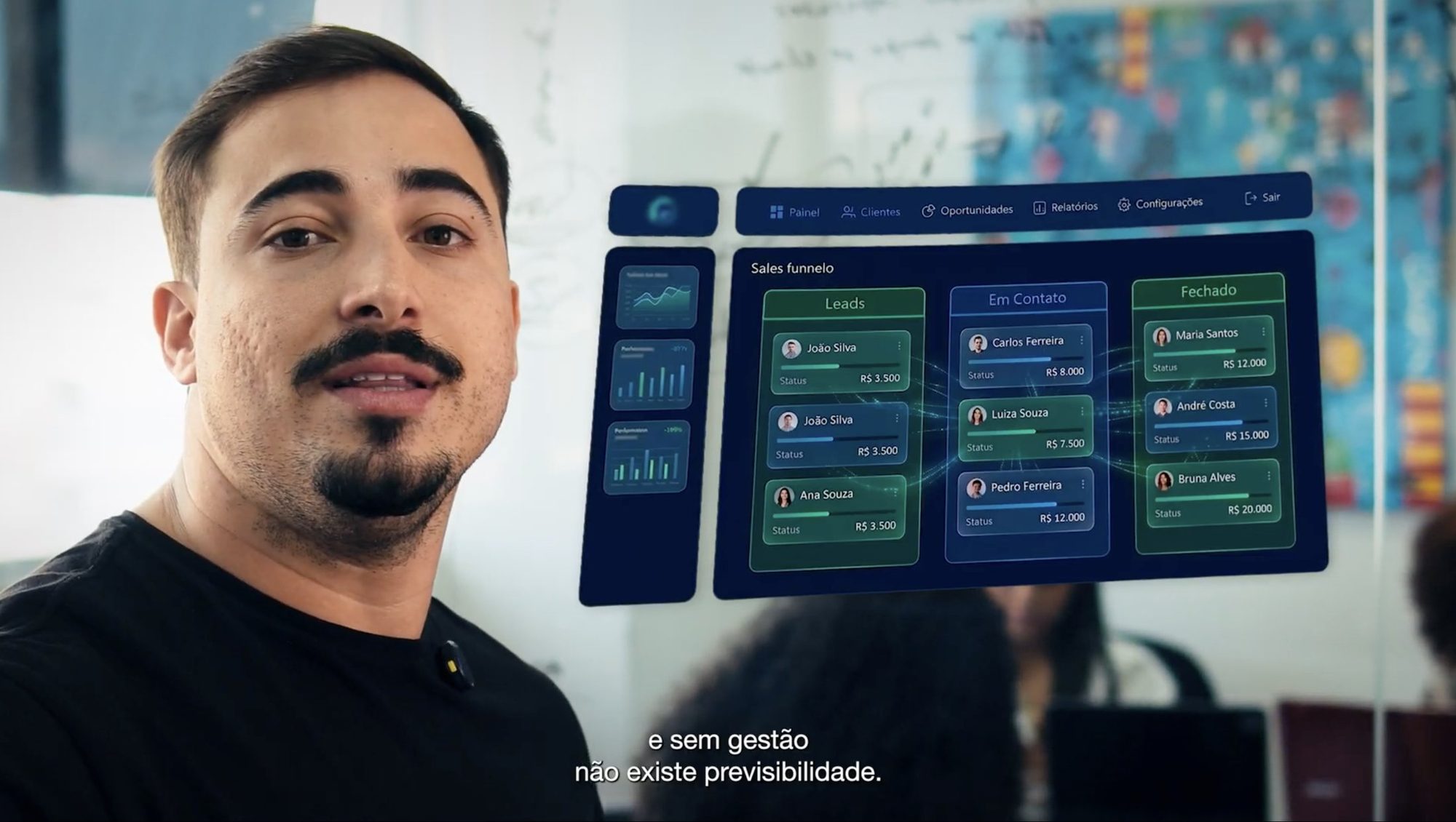 Frame do manifesto com o funil de vendas em interface flutuante